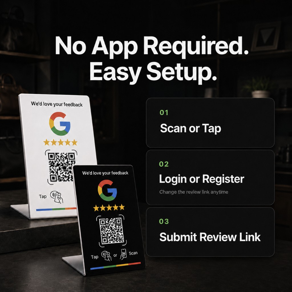 Google review stand with NFC tap and QR scan setup steps